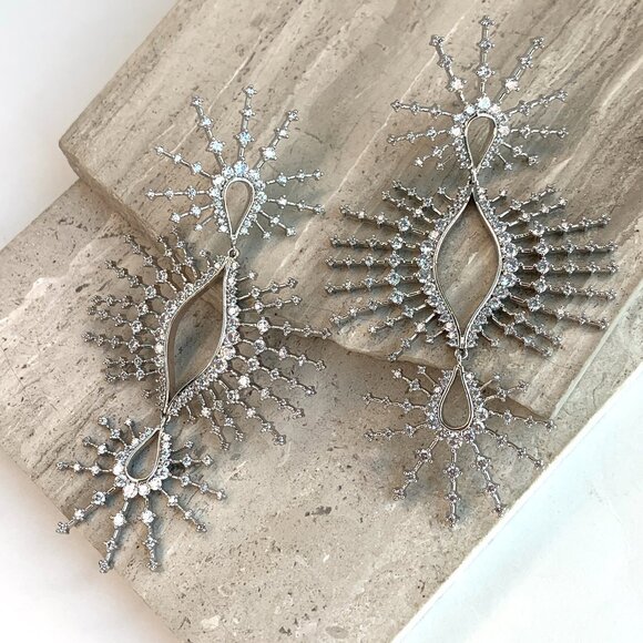 NEW~ Anthropologie Crystal Sunburst Silver Statement Earrings - Picture 1 of 10
